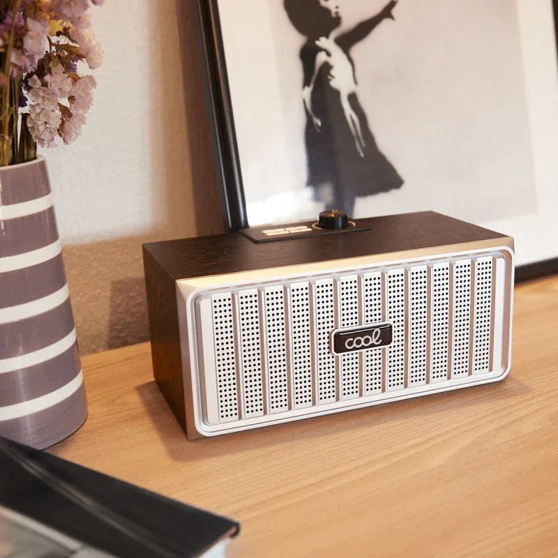 Altavoz Música Universal Bluetooth Marca COOL Retro (20W) Madera Negro Frontal Plata - PixelPlaza