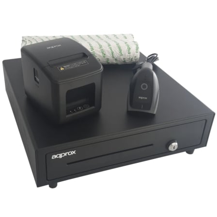 Pack para TPV Approx appPOSPACK4180USB-2D/ Cajón Portamonedas + Impresora Térmica de Tickets + Lector de Códigos + Rollo