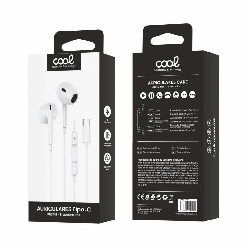 Auriculares Botón COOL Stereo Tipo-C Con Micro (Digital) Blanco - PixelPlaza