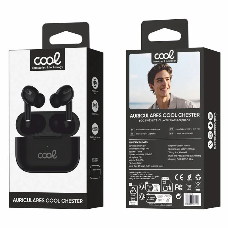 Auriculares Stereo Bluetooth Earbuds COOL Chester Negro - PixelPlaza