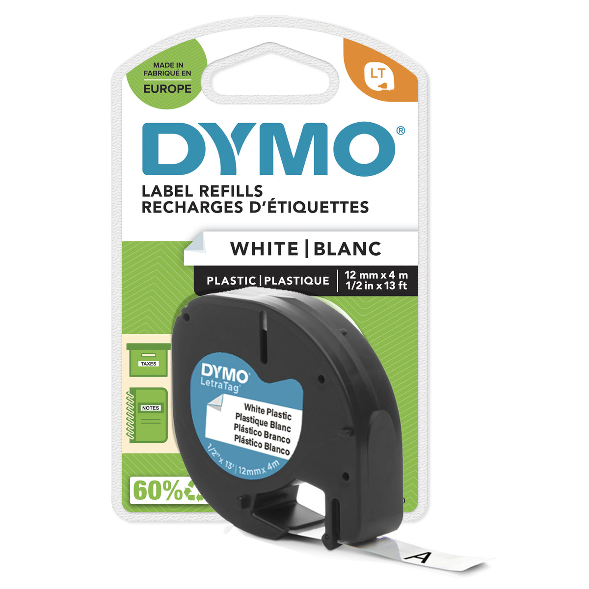 Cinta Rotuladora Adhesiva de Plástico Dymo 91221/ para Letratag/ 12mm x 4m/ Negra-Blanca