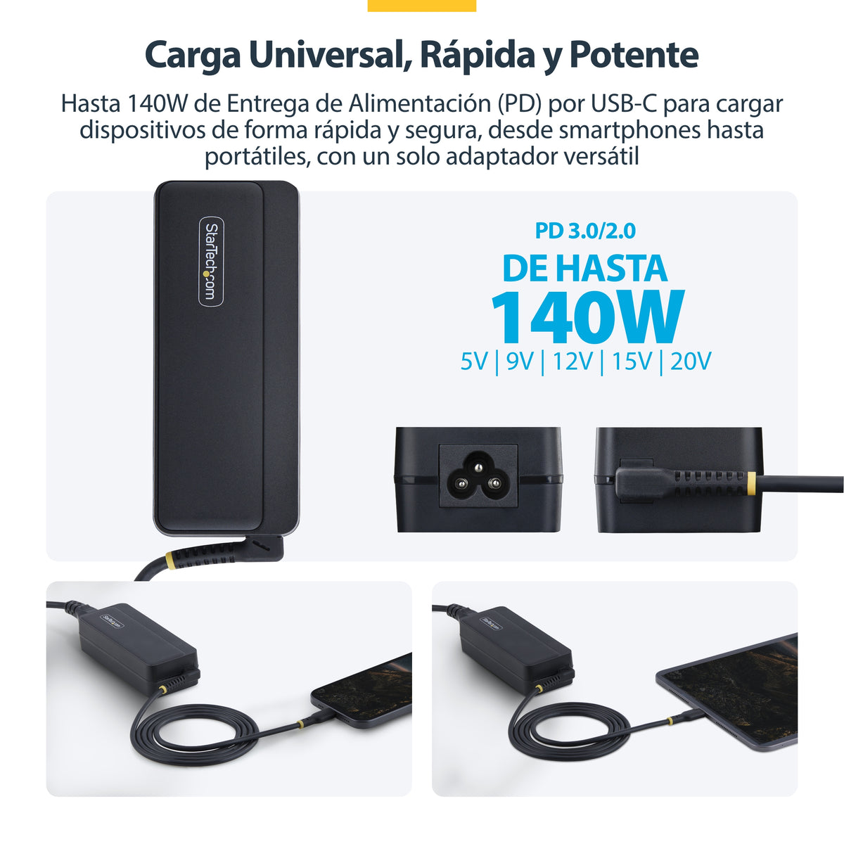 Cargador portátil USB tipo c startech gan 140w