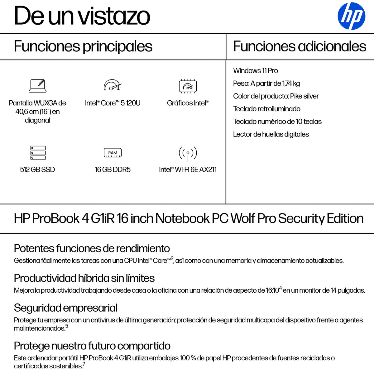 Portatil Hp probook 4 g1ir core 5 - 120u 16 pulgadas · 16GB · SSD 512GB · W11P