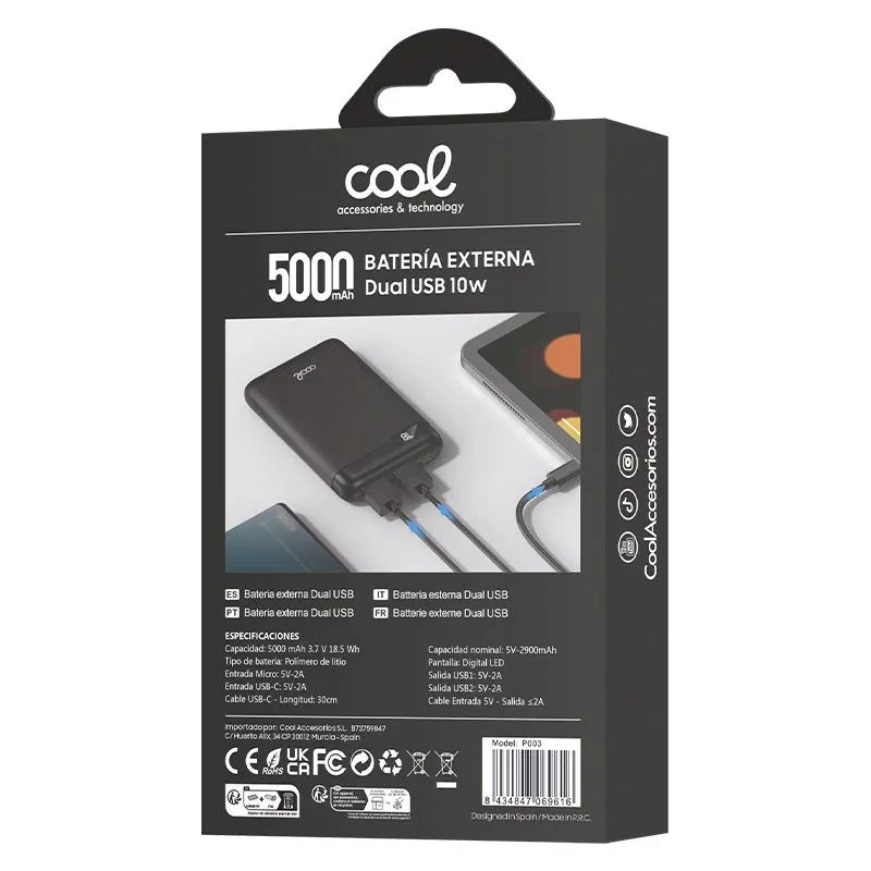 Bateria Externa Power Bank 5000 mAh Display COOL 10W Negro - PixelPlaza