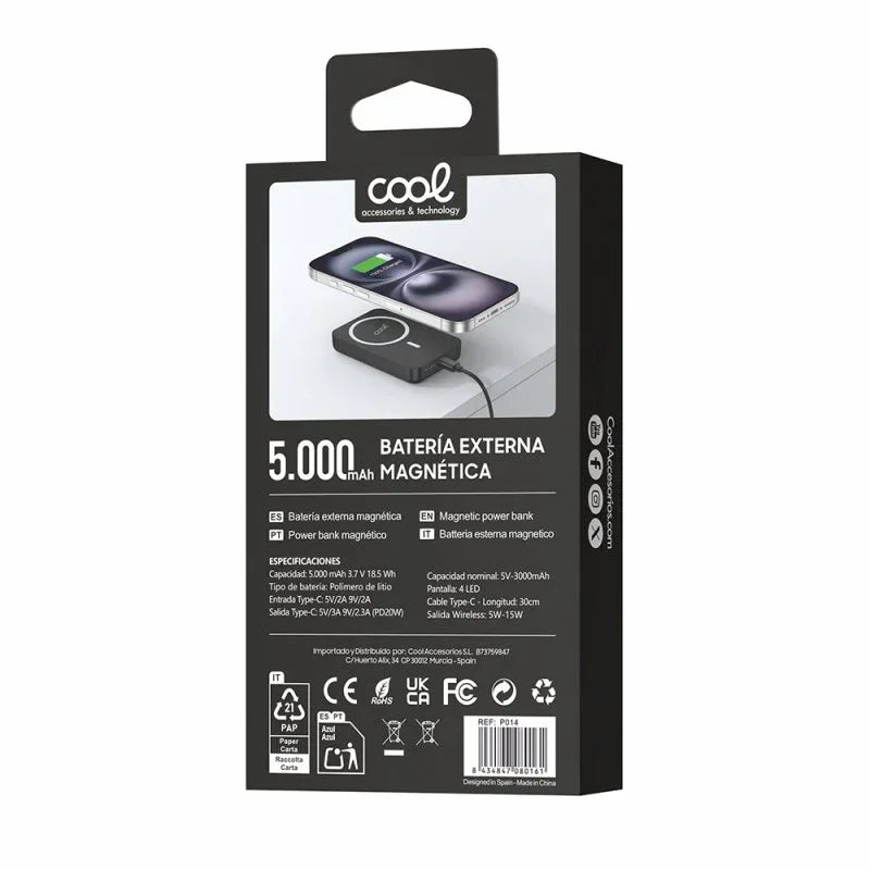 Bateria Externa Universal MAGNÉTICA Power Bank Qi 5000 mAh COOL Negro - PixelPlaza