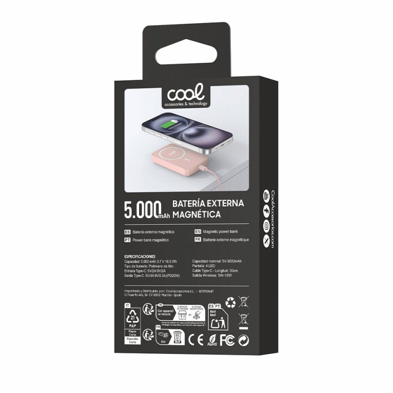 Bateria Externa Universal MAGNÉTICA Power Bank Qi 5000 mAh COOL Rosa