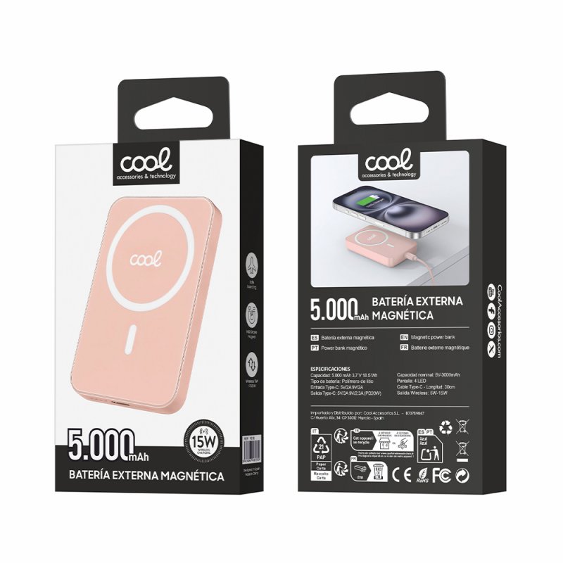 Bateria Externa Universal MAGNÉTICA Power Bank Qi 5000 mAh COOL Rosa