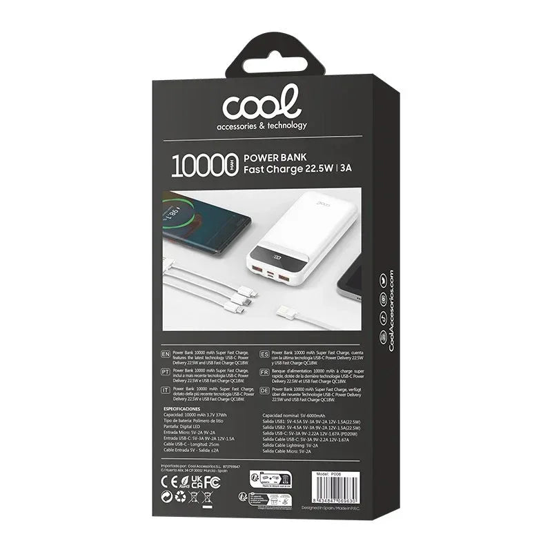 Batería Externa Universal Power Bank 10.000 mAh Carga Rápida 22.5W (3 cables) Blanco - PixelPlaza