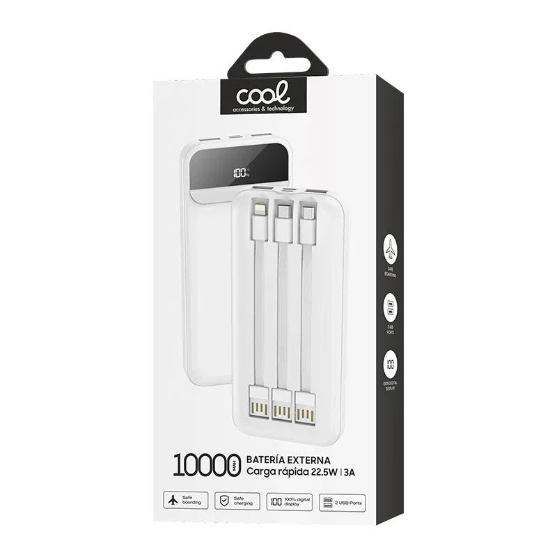 Batería Externa Universal Power Bank 10.000 mAh Carga Rápida 22.5W (3 cables) Blanco - PixelPlaza