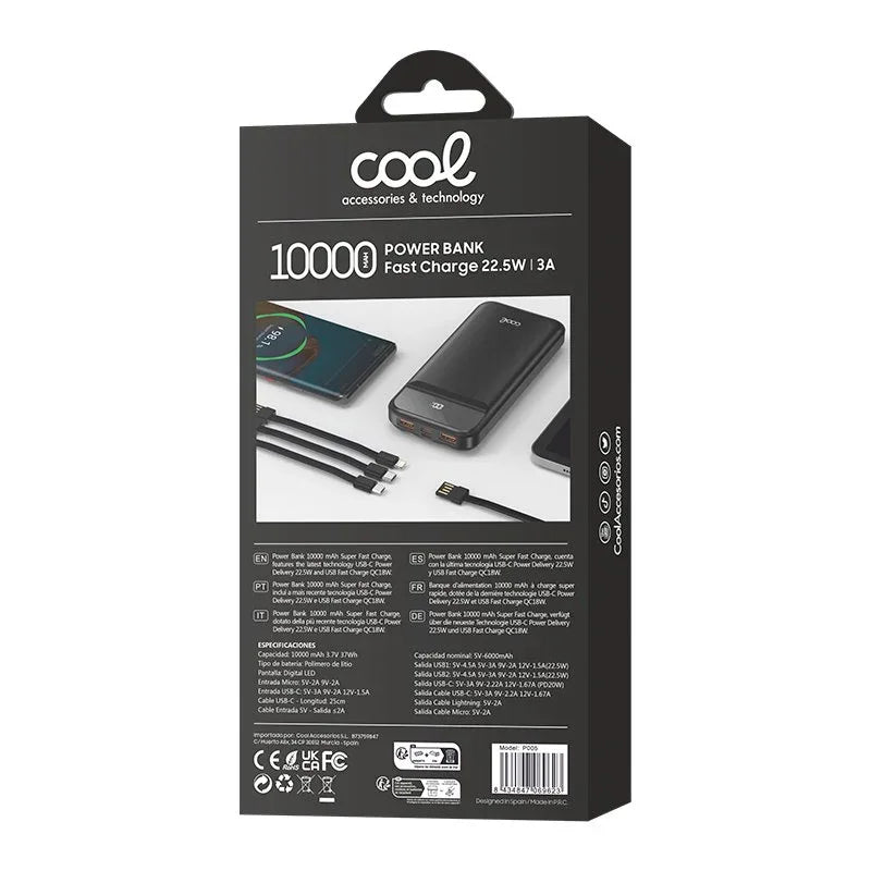 Batería Externa Universal Power Bank 10.000 mAh Carga Rápida 22.5W (3 cables) Negro - PixelPlaza