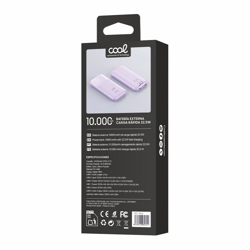 Batería Externa Universal Power Bank 10.000 mAh Carga Rápida 22.5W COOL Pocket Violeta