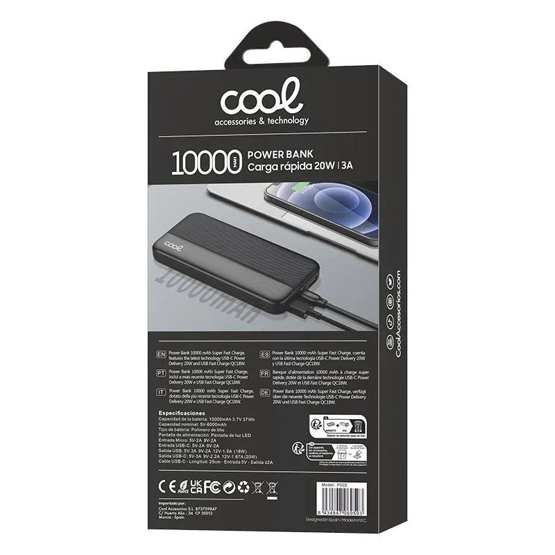 Bateria Externa Universal Power Bank 10.000 mAh COOL (3A / 20W PD) Negro - PixelPlaza