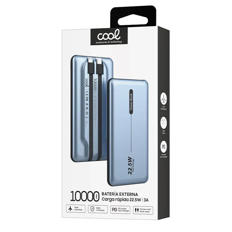 Batería Externa Universal Power Bank 10.000 mAh PD 22.5W (2 cables) Azul - PixelPlaza