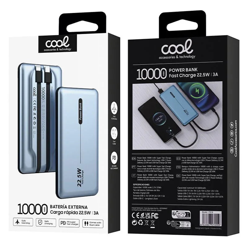 Batería Externa Universal Power Bank 10.000 mAh PD 22.5W (2 cables) Azul - PixelPlaza