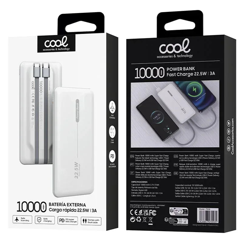 Batería Externa Universal Power Bank 10.000 mAh PD 22.5W (2 cables) Blanco - PixelPlaza