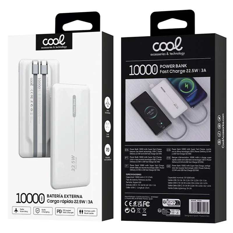 Batería Externa Universal Power Bank 10.000 mAh PD 22.5W (2 cables) Blanco - PixelPlaza