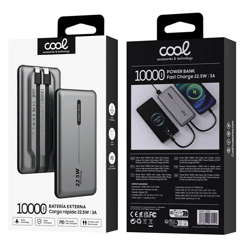 Batería Externa Universal Power Bank 10.000 mAh PD 22.5W (2 cables) Gris - PixelPlaza
