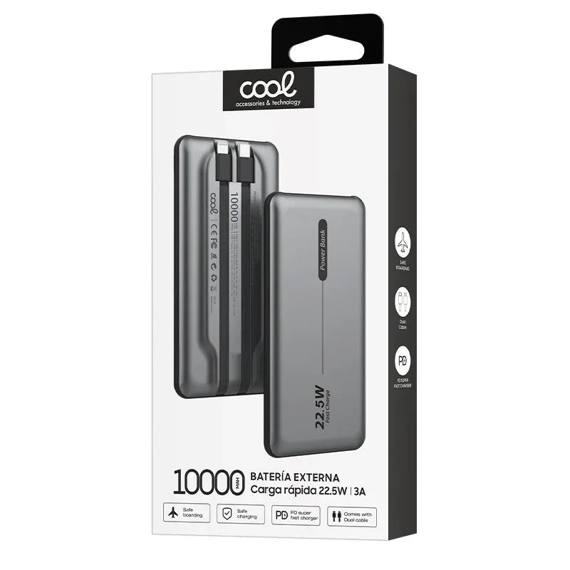 Batería Externa Universal Power Bank 10.000 mAh PD 22.5W (2 cables) Gris - PixelPlaza