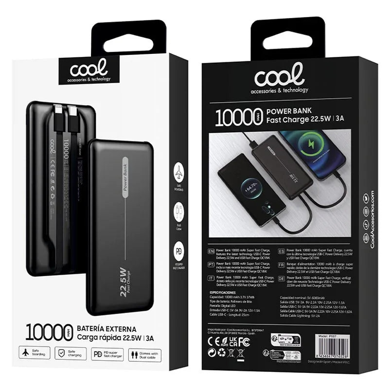 Batería Externa Universal Power Bank 10.000 mAh PD 22.5W (2 cables) Negro - PixelPlaza