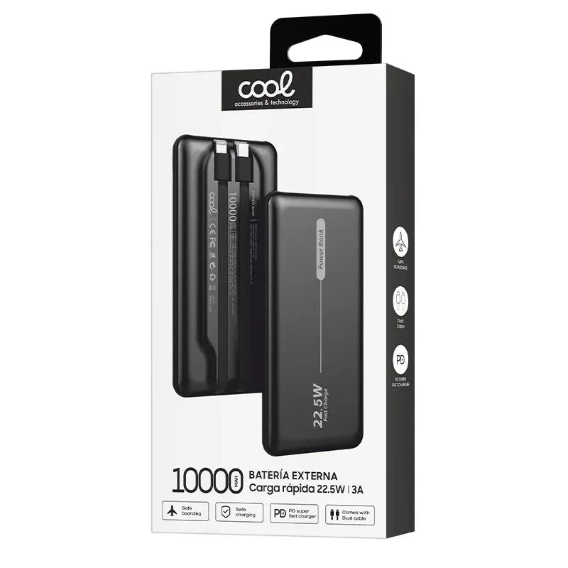 Batería Externa Universal Power Bank 10.000 mAh PD 22.5W (2 cables) Negro - PixelPlaza