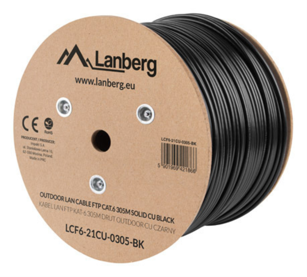 Bobina para exterior Lanberg cat.6 ftp RJ45 solido cobre fluke tested awg23 305m negro