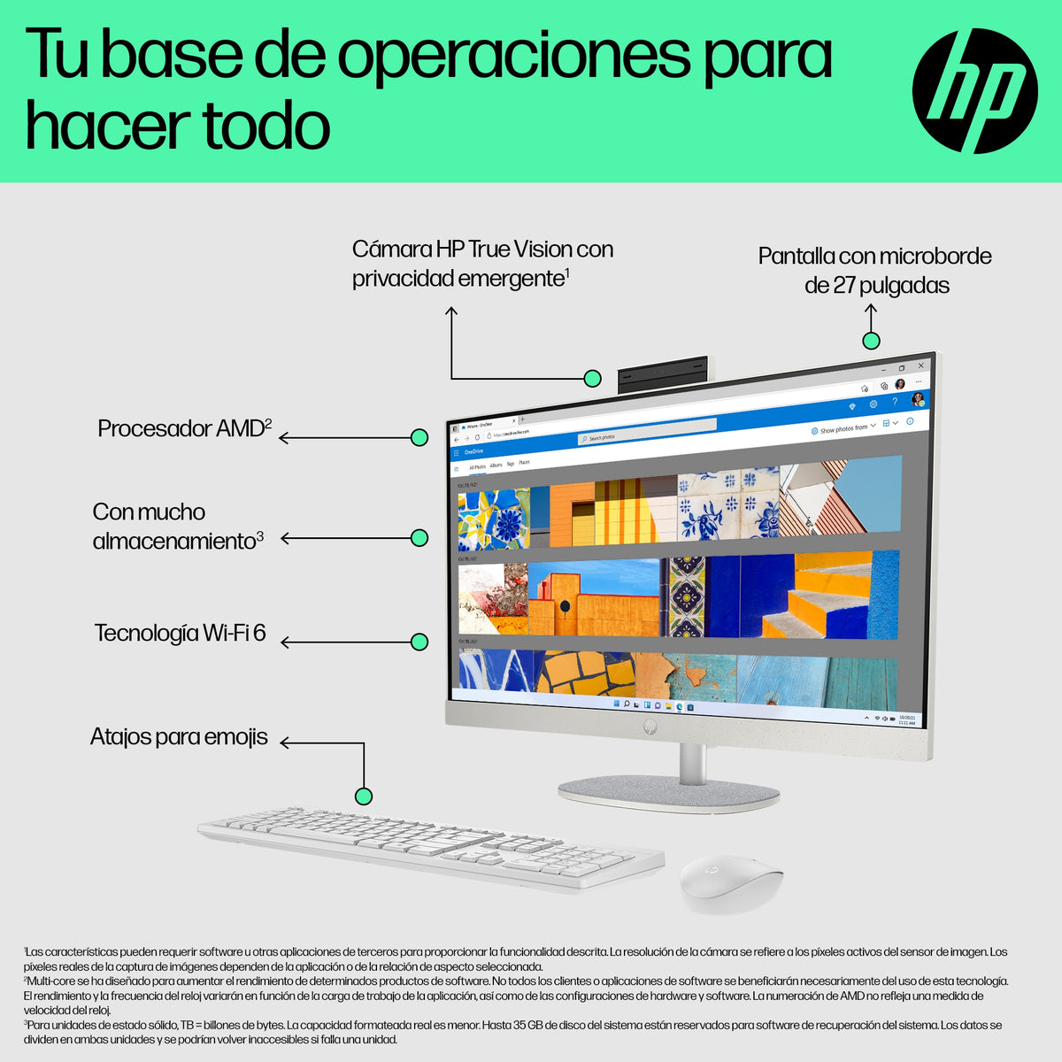Ordenador all in one Hp 27 - cr0026ns 27 pulgadas Ryzen 3 - 7320u · 8GB · 512GB · W11 · teclado y raton