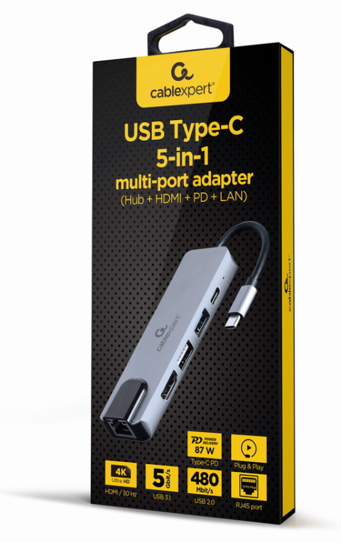 Gembird A-CM-COMBO5-04 base para portátil y replicador de puertos Alámbrico USB 3.2 Gen 1 (3.1 Gen 1) Type-C Plata