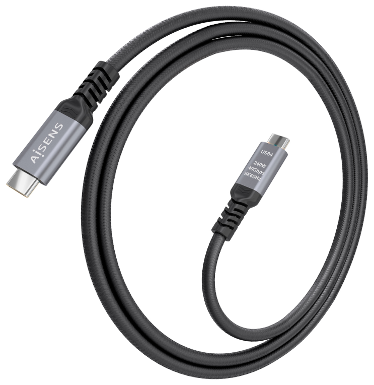 Aisens Cable USB4 Gen3x2 Aluminio 40Gbps 8K@60Hz 5A 48V 240W E-Mark, Tipo USB-C/M-USB-C/M, Negro, 1.5m