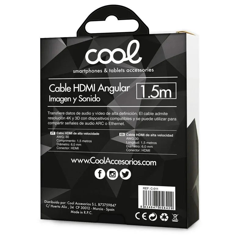 Cable HDMI a HDMI Audio-Video Universal (1.5 metros) Angular Ultra 4K COOL - PixelPlaza
