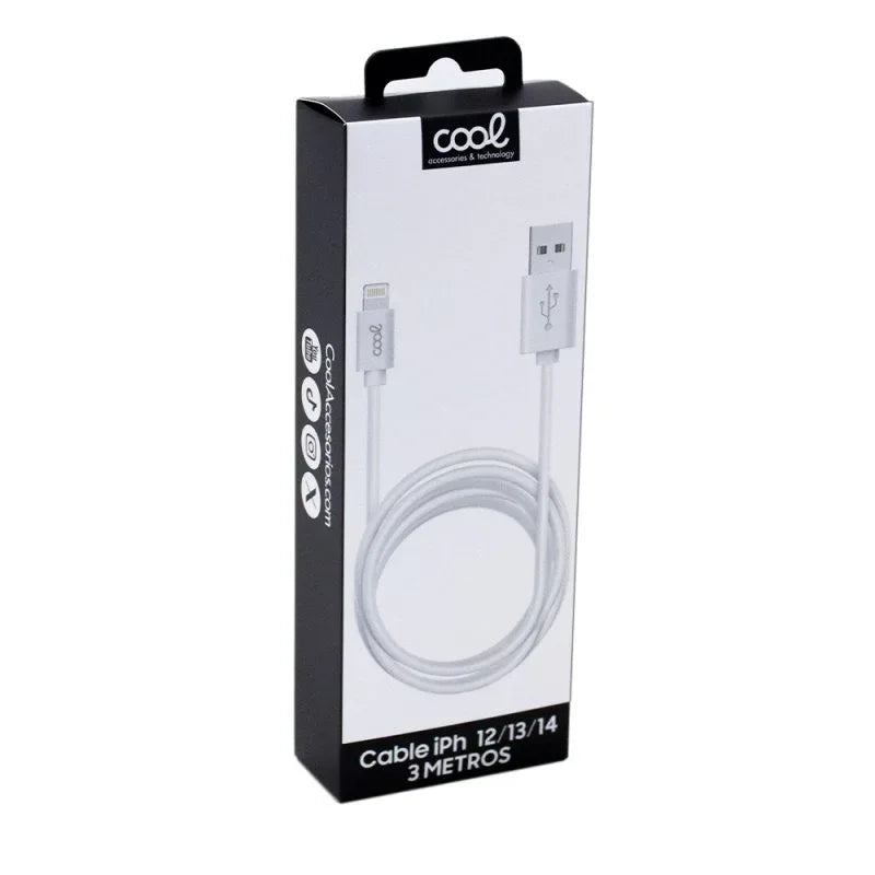 Cable USB Compatible COOL Lightning para iPhone / iPad (3 metros) Blanco - PixelPlaza