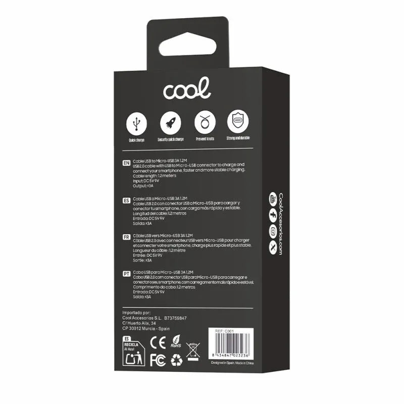 Cable USB Compatible COOL Universal (micro-usb) 1.2 metros Negro 2.4 Amp - PixelPlaza
