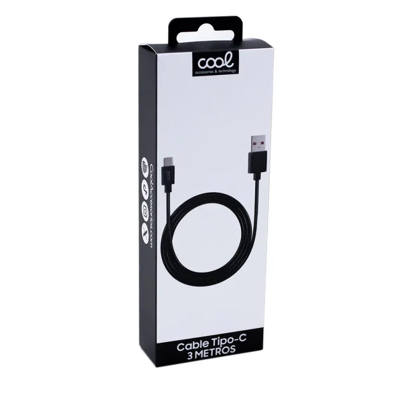 Cable USB Compatible COOL Universal TIPO-C (3 metros) Negro 2.4 Amp - PixelPlaza