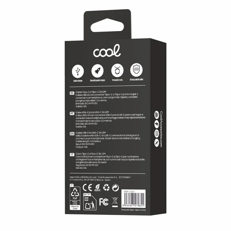 Cable USB Compatible COOL Universal TIPO-C a TIPO-C (1 metro) Negro 3 Amp - PixelPlaza