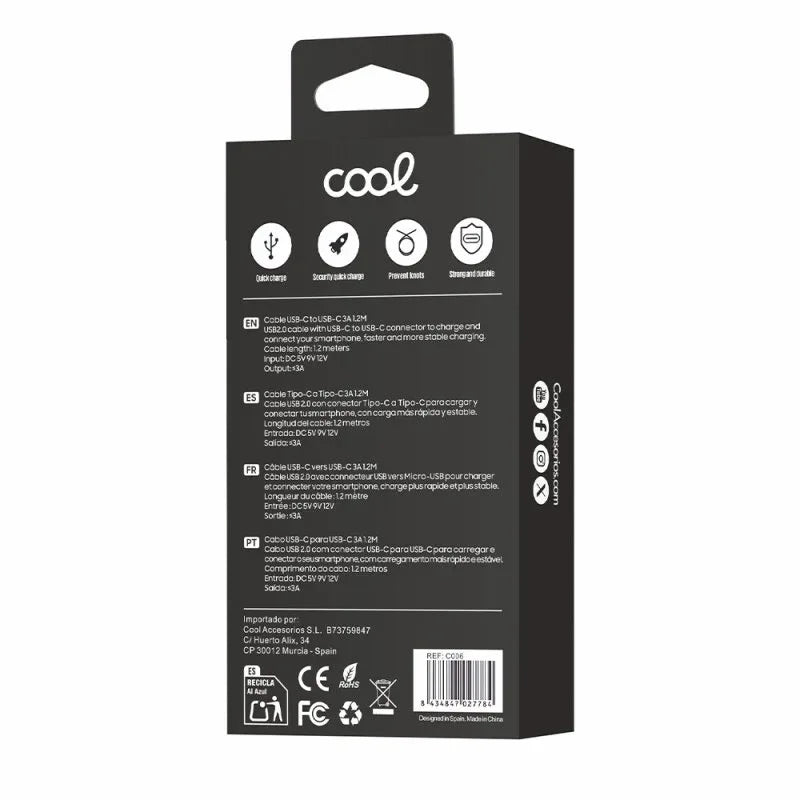 Cable USB Compatible COOL Universal TIPO-C a TIPO-C (1.2 metros) Blanco 3 Amp - PixelPlaza