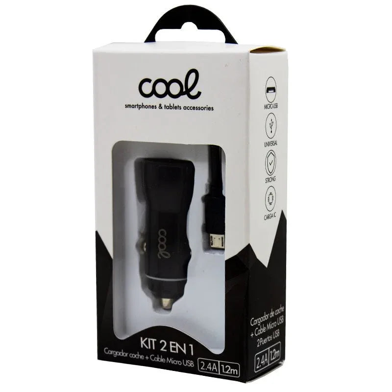Cargador Coche Cable MicroUsb (2 x Usb) COOL 2.4A Kit 2 en 1 Negro - PixelPlaza