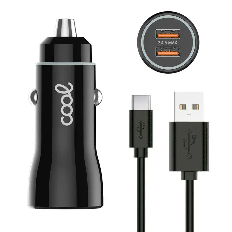 Cargador Coche Cable Tipo C (2 x Usb) COOL 2.4A Kit 2 en 1 Negro - PixelPlaza