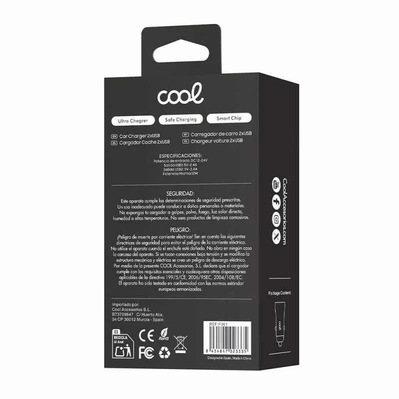 Cargador Coche Universal Doble Entrada Usb COOL Negro 2.4 Amp - PixelPlaza