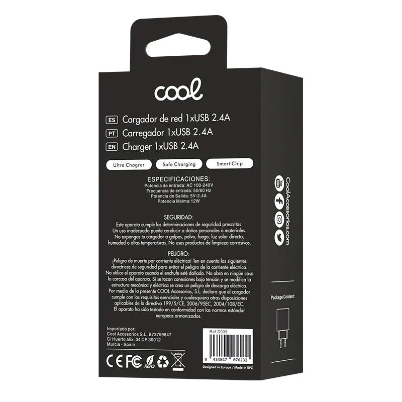 Cargador Red Adaptador 1x USB Universal COOL (2.4 Amp) Blanco - PixelPlaza