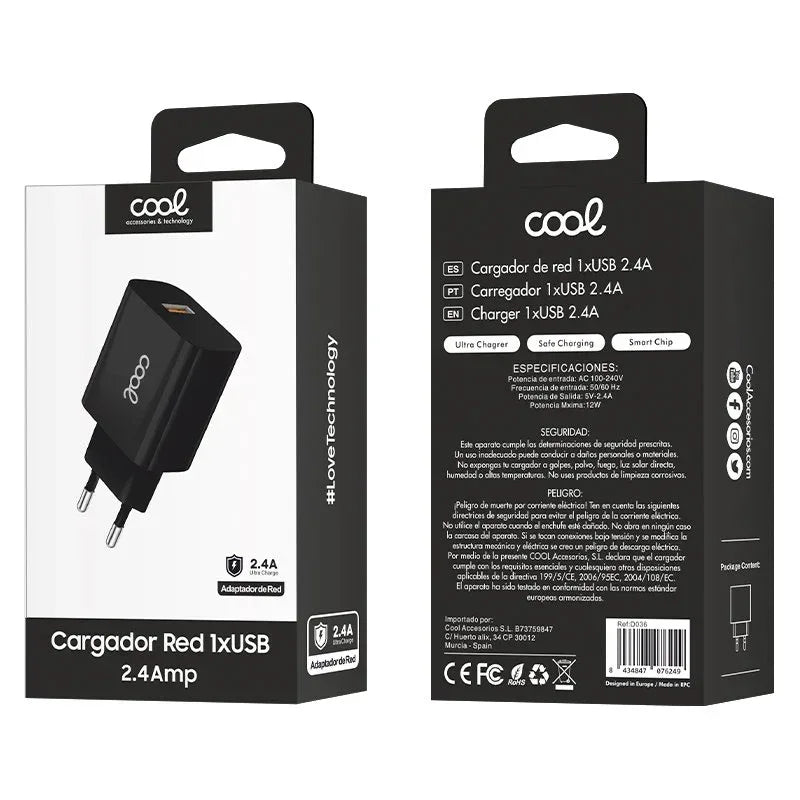 Cargador Red Adaptador 1x USB Universal COOL (2.4 Amp) Negro - PixelPlaza