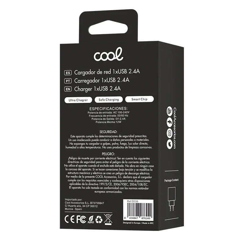 Cargador Red Adaptador 1x USB Universal COOL (2.4 Amp) Negro - PixelPlaza