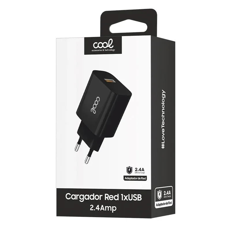 Cargador Red Adaptador 1x USB Universal COOL (2.4 Amp) Negro - PixelPlaza