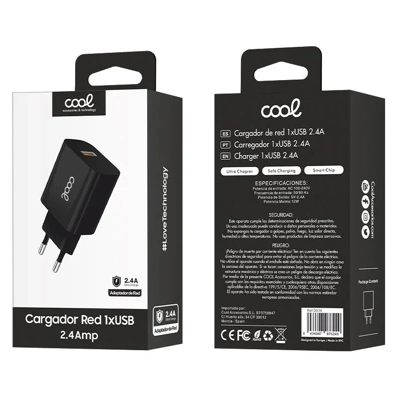 Cargador Red Adaptador 1x USB Universal COOL (2.4 Amp) Negro - PixelPlaza
