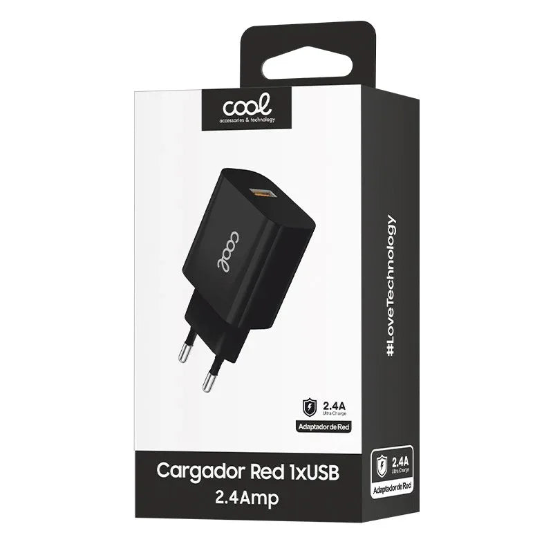 Cargador Red Adaptador 1x USB Universal COOL (2.4 Amp) Negro - PixelPlaza