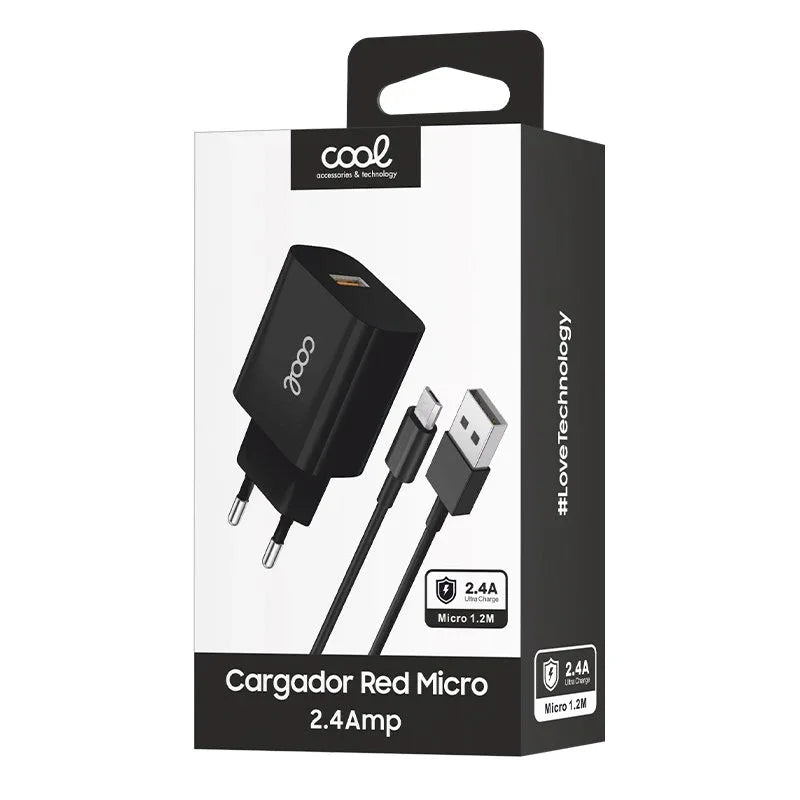 Cargador Red Conector Micro-usb COOL Universal 2.4Amp Kit 2 en 1 Negro - PixelPlaza