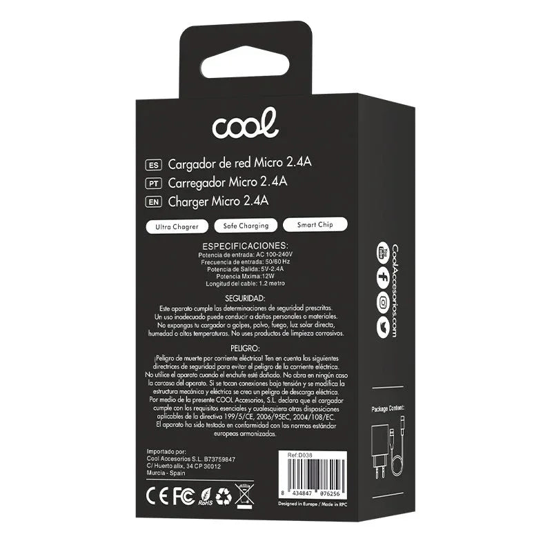 Cargador Red Conector Micro-usb COOL Universal 2.4Amp Kit 2 en 1 Negro - PixelPlaza