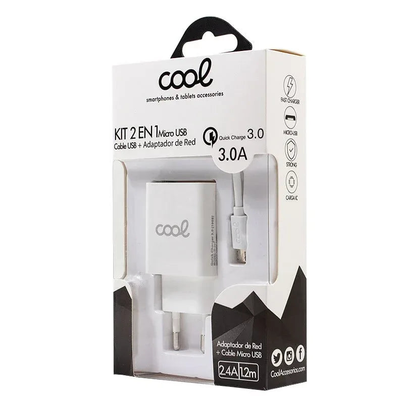 Cargador Red Conector Micro-usb Universal 3Amp (Carga Rápida) COOL Kit 2 en 1 Blanco - PixelPlaza