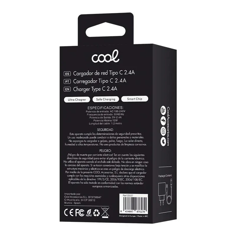 Cargador Red Conector Tipo-C (2.4 Amp) Universal COOL Kit 2 en 1 Blanco - PixelPlaza
