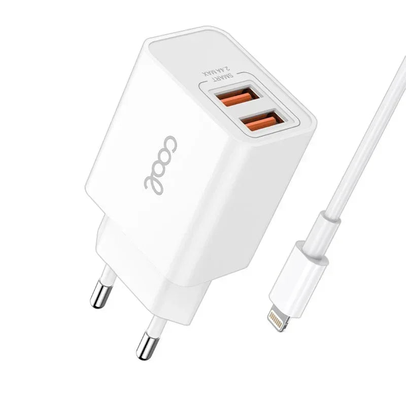 Cargador Red para iPhone COOL 2 x USB + Cable Lightning 1,2m (2.4 Amp) - PixelPlaza