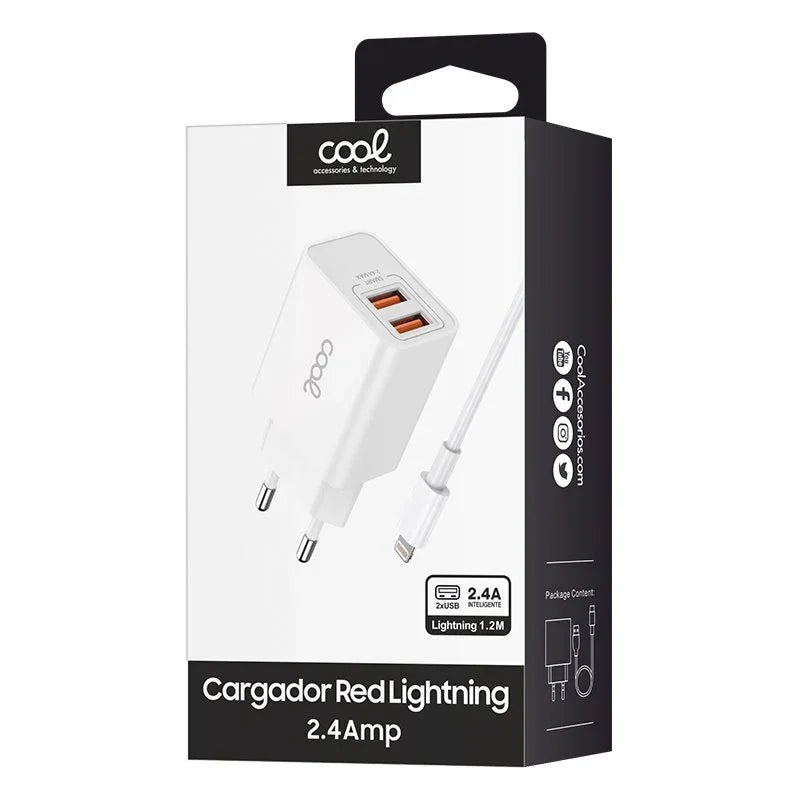 Cargador Red para iPhone COOL 2 x USB + Cable Lightning 1,2m (2.4 Amp) - PixelPlaza