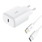 Cargador Red Universal Fast Adapt. (PD) Tipo-C COOL (25W) Blanco + Cable Tipo-C a Lightning - PixelPlaza